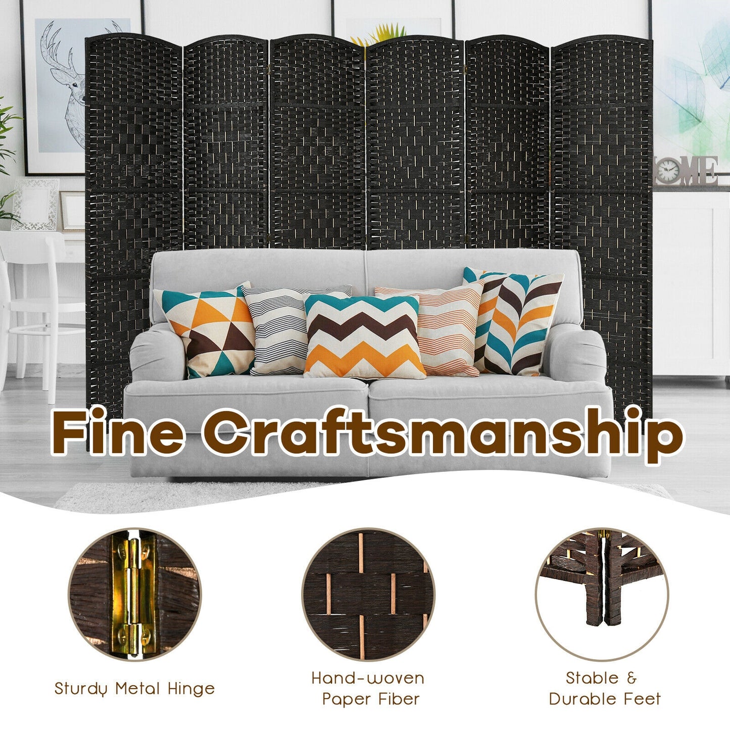 6.5Ft 6-Panel Weave Folding Fiber Room Divider Screen, Black Room Dividers at Gallery Canada