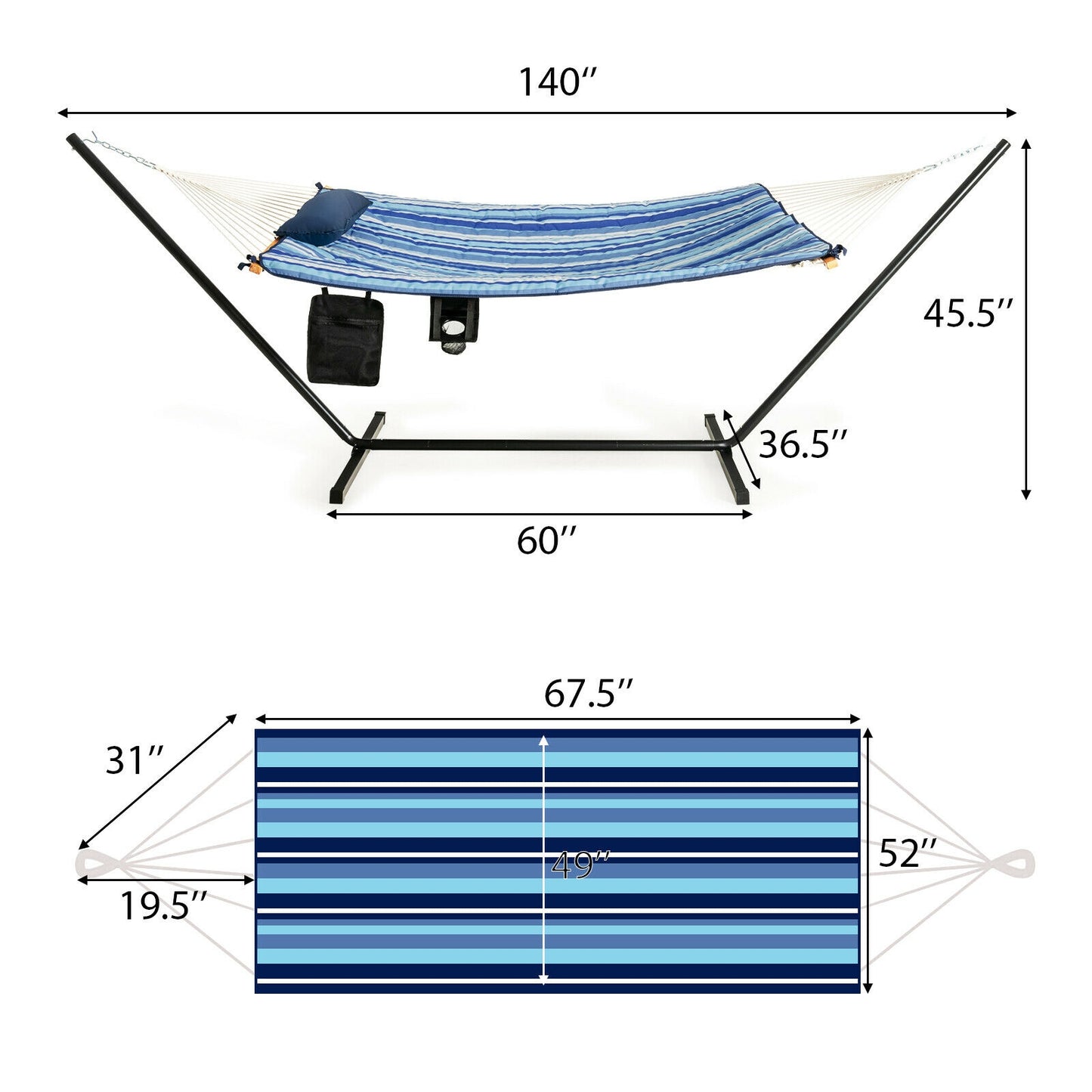 Hammock Chair Stand Set Cotton Swing with Pillow Cup Holder Indoor Outdoor, Blue Hammocks at Gallery Canada