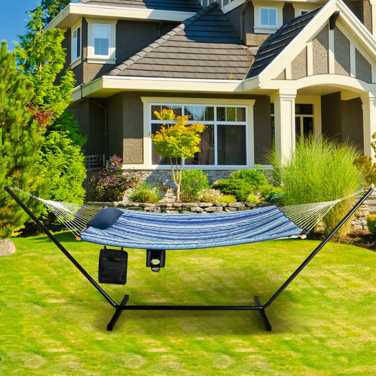 Hammock Chair Stand Set Cotton Swing with Pillow Cup Holder Indoor Outdoor, Blue Hammocks Blue at Gallery Canada