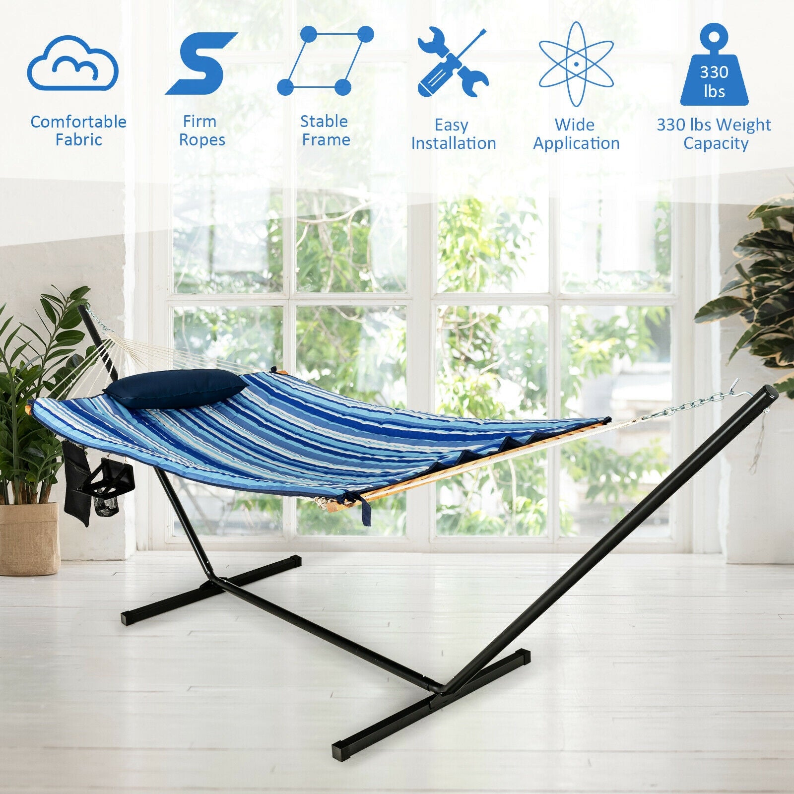 Hammock Chair Stand Set Cotton Swing with Pillow Cup Holder Indoor Outdoor, Blue Hammocks at Gallery Canada