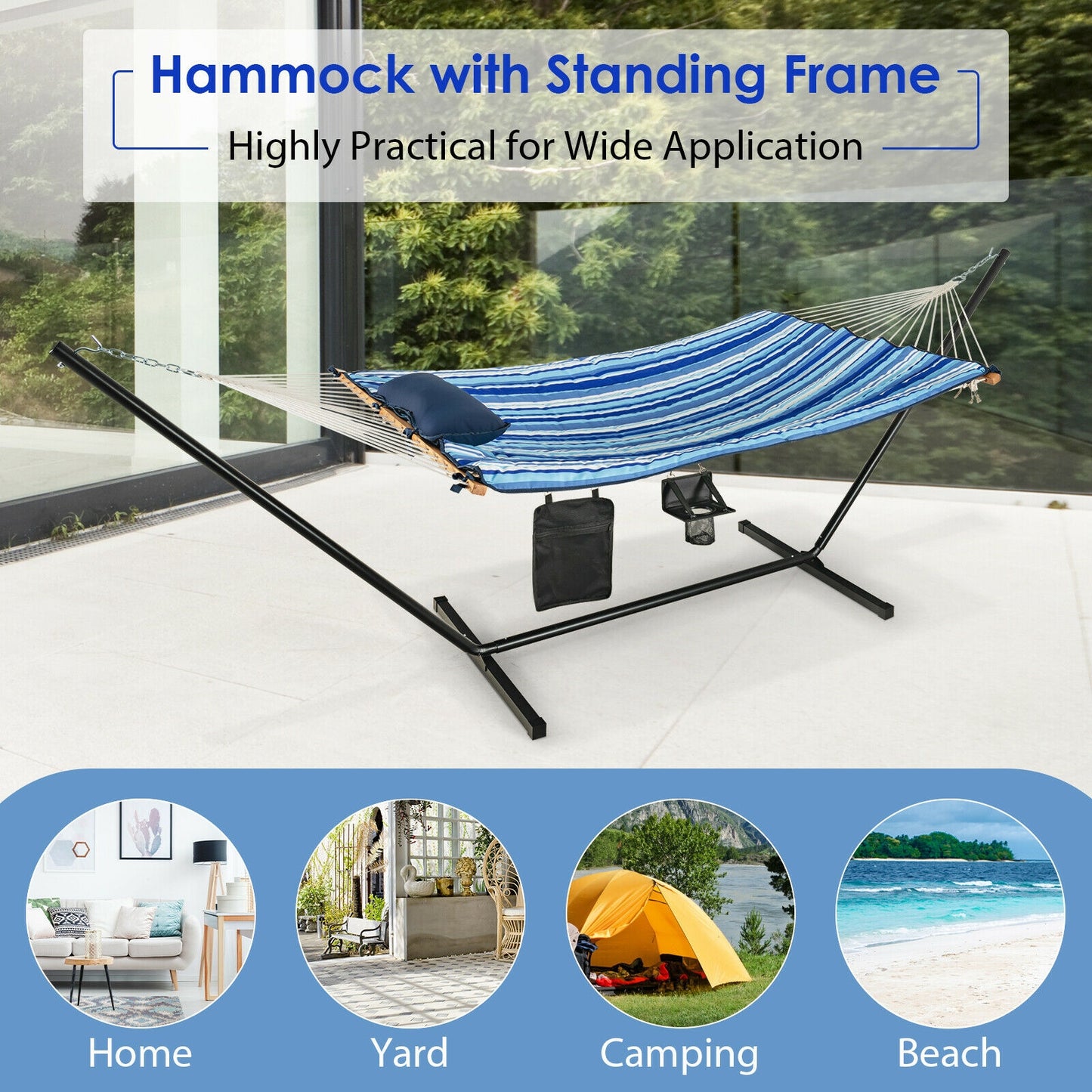 Hammock Chair Stand Set Cotton Swing with Pillow Cup Holder Indoor Outdoor, Blue Hammocks at Gallery Canada
