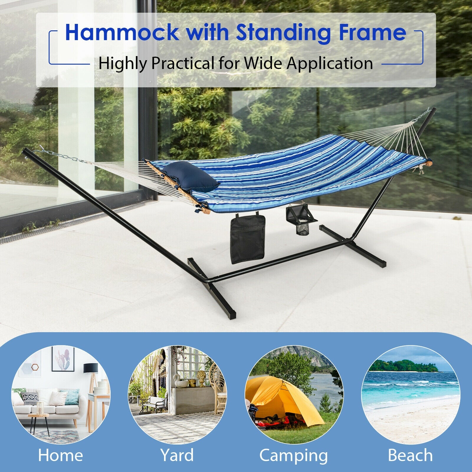 Hammock Chair Stand Set Cotton Swing with Pillow Cup Holder Indoor Outdoor, Blue Hammocks at Gallery Canada