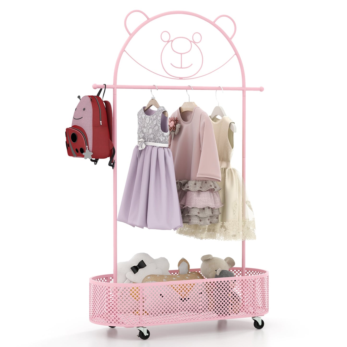 Portant à Vêtements pour Enfants, 3 Hauteurs Réglables, Roulettes, Rose