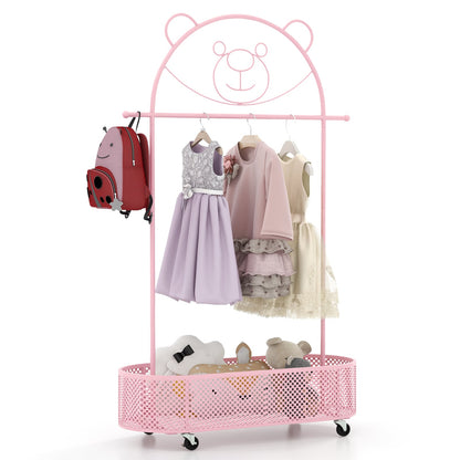 Portant à Vêtements pour Enfants, 3 Hauteurs Réglables, Roulettes, Rose