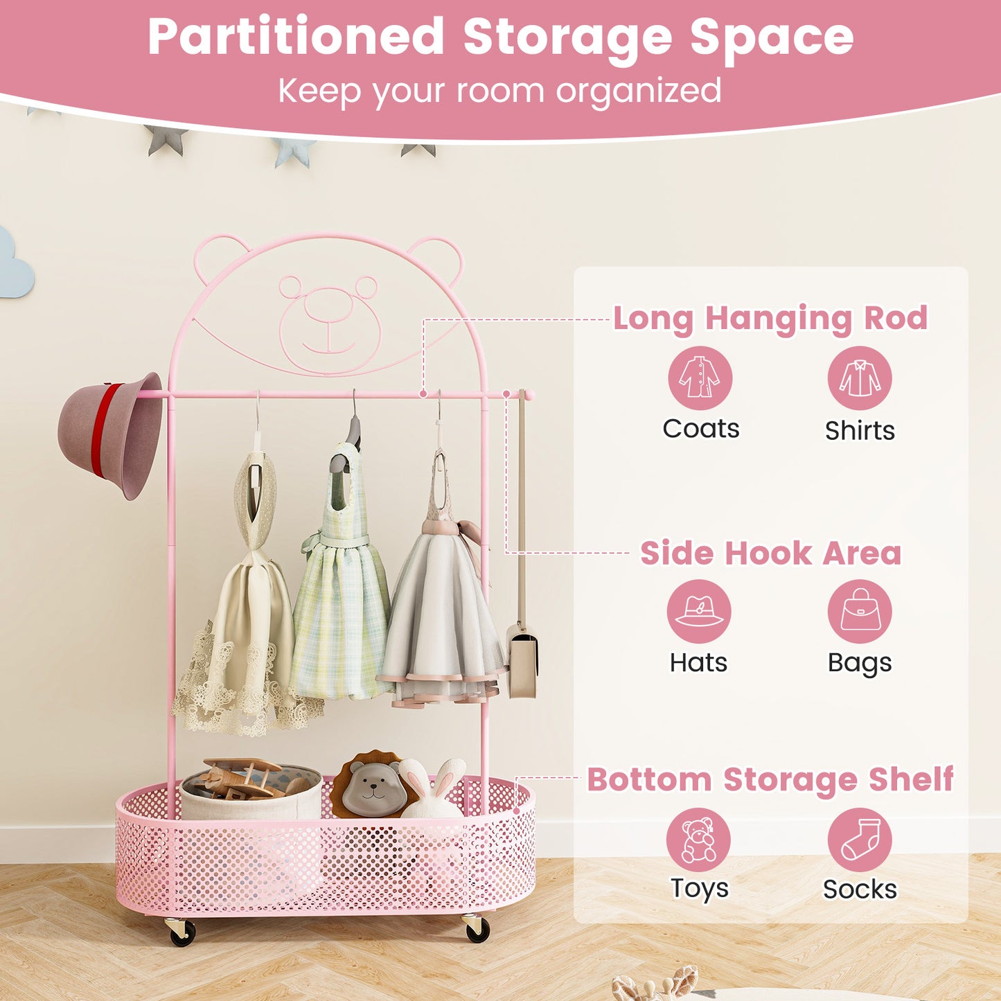 Kid Clothes Rack with 3 Adjustable Heights and Wheels, Pink Kids Storage at Gallery Canada
