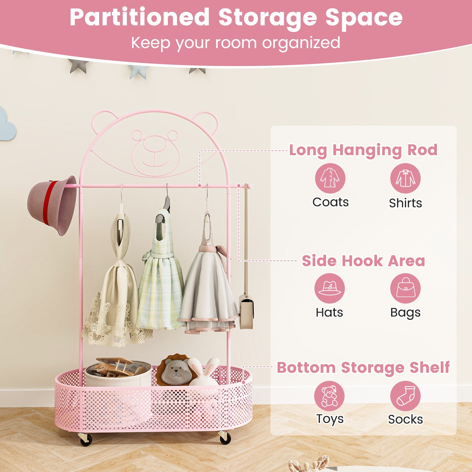 Kid Clothes Rack with 3 Adjustable Heights and Wheels, Pink Kids Storage at Gallery Canada