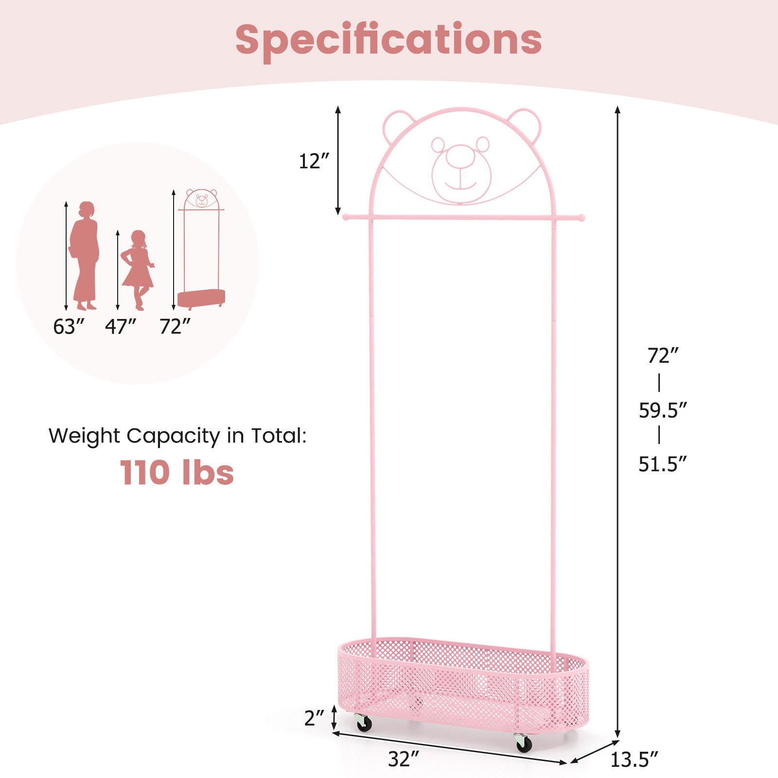 Kid Clothes Rack with 3 Adjustable Heights and Wheels, Pink Kids Storage at Gallery Canada