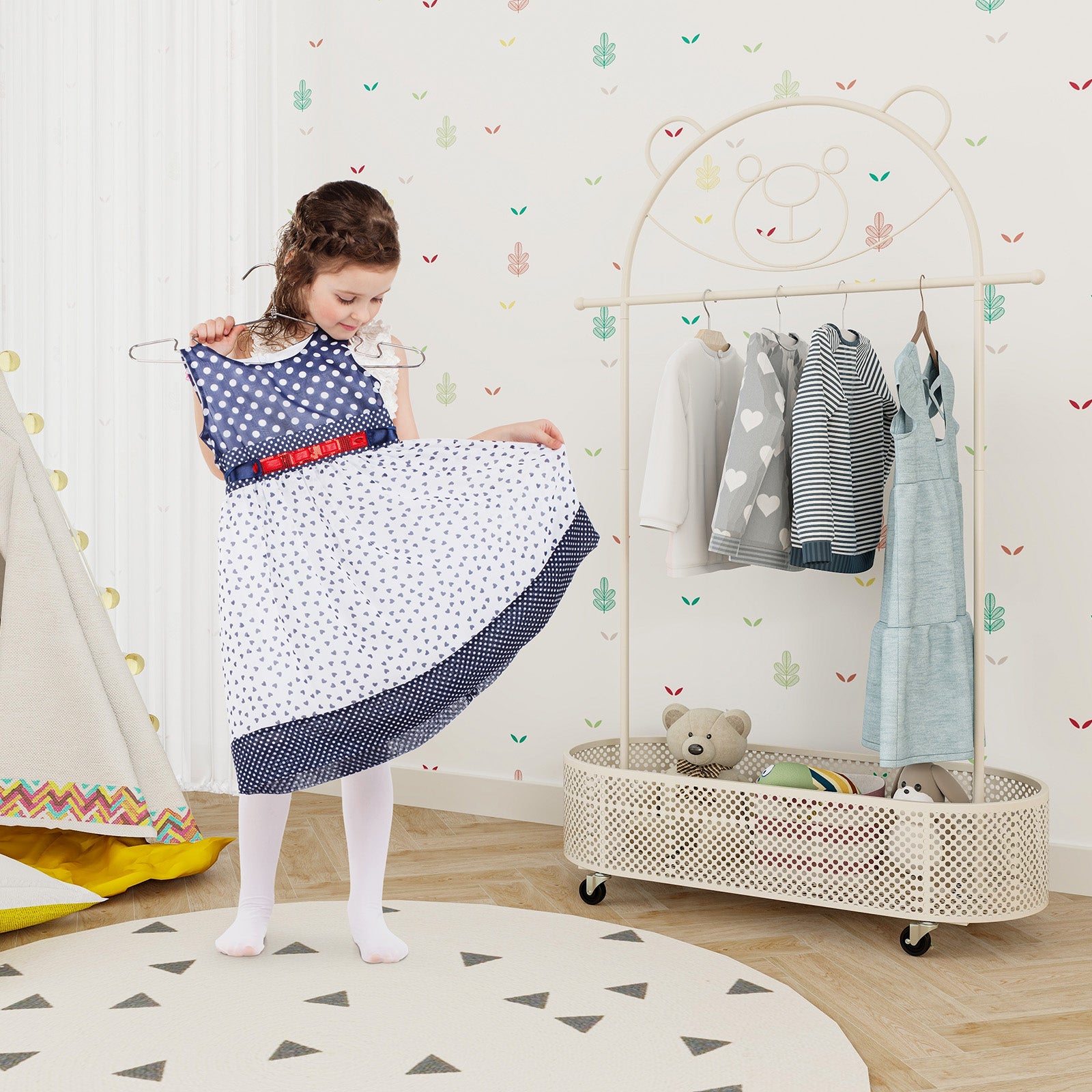 Kid Clothes Rack with 3 Adjustable Heights and Wheels, White Kids Storage at Gallery Canada