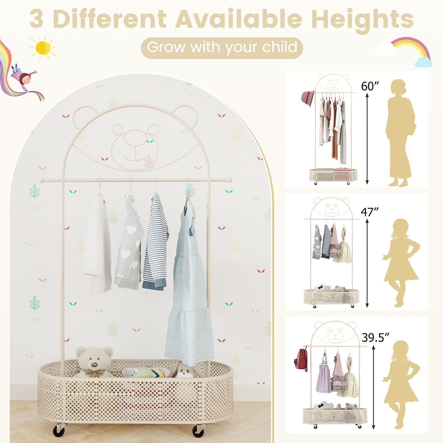 Kid Clothes Rack with 3 Adjustable Heights and Wheels, White Kids Storage at Gallery Canada
