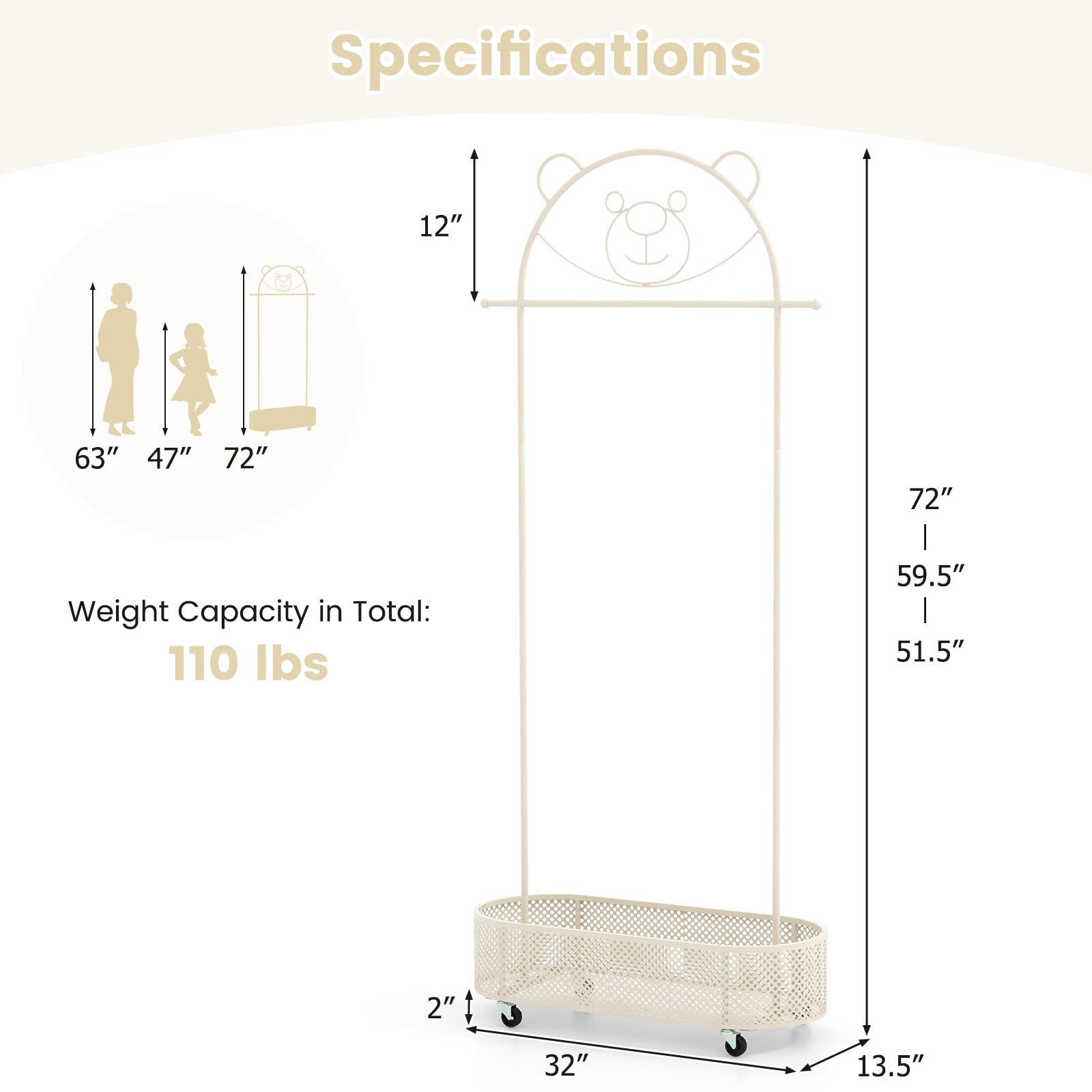 Kid Clothes Rack with 3 Adjustable Heights and Wheels, White Kids Storage at Gallery Canada