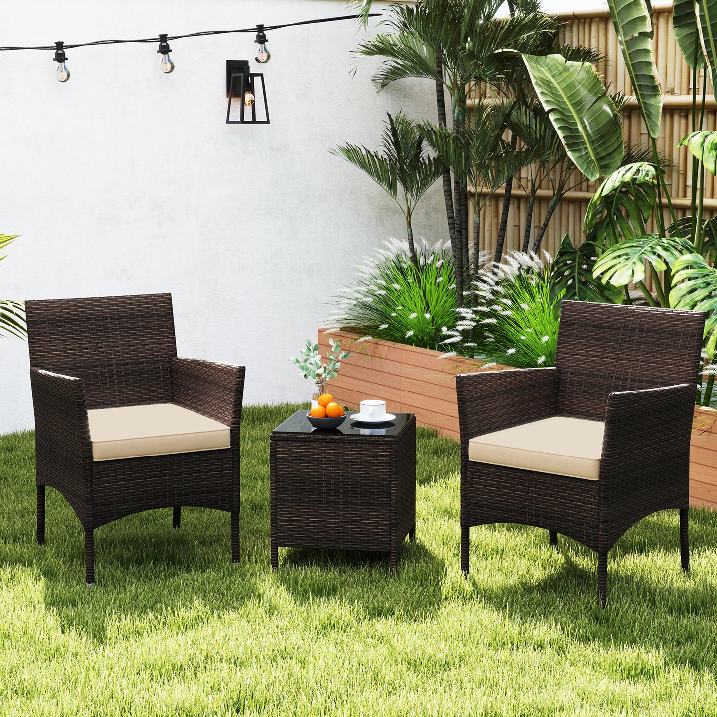 3 Pieces Outdoor Conversation Set with Cushioned Seat and Glass Tabletop, Beige Patio Conversation Sets at Gallery Canada