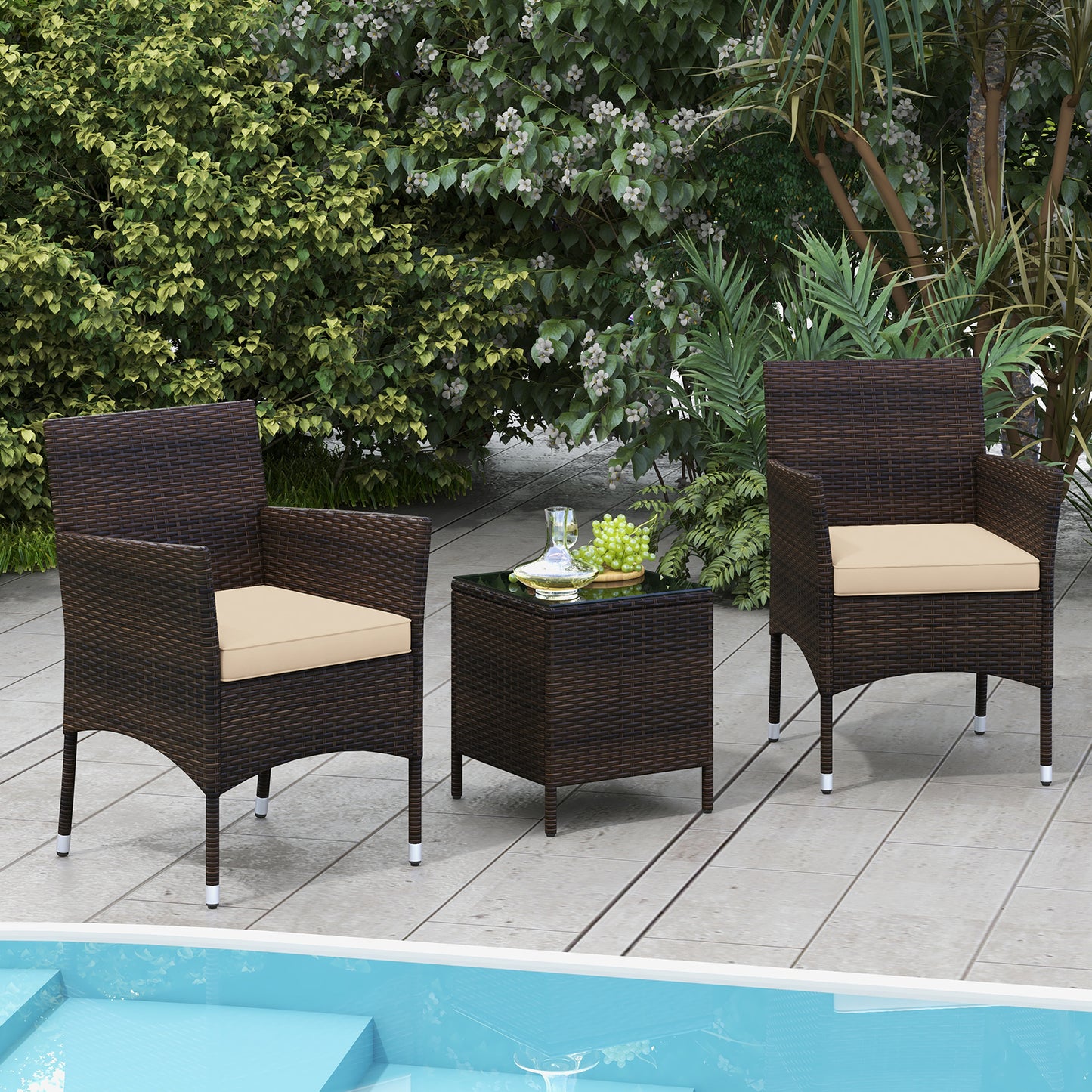 3 Pieces Outdoor Conversation Set with Cushioned Seat and Glass Tabletop, Beige Patio Conversation Sets at Gallery Canada