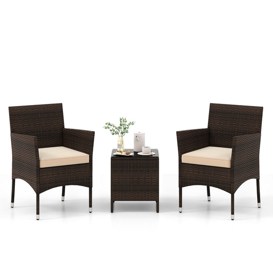 3 Pieces Outdoor Conversation Set with Cushioned Seat and Glass Tabletop, Beige Patio Conversation Sets Beige at Gallery Canada
