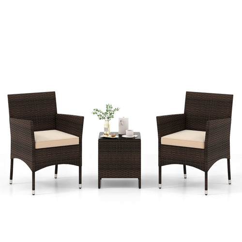 Outdoor Conversation Set, 3 Pieces, Cushioned Seat, Glass Tabletop, Beige
