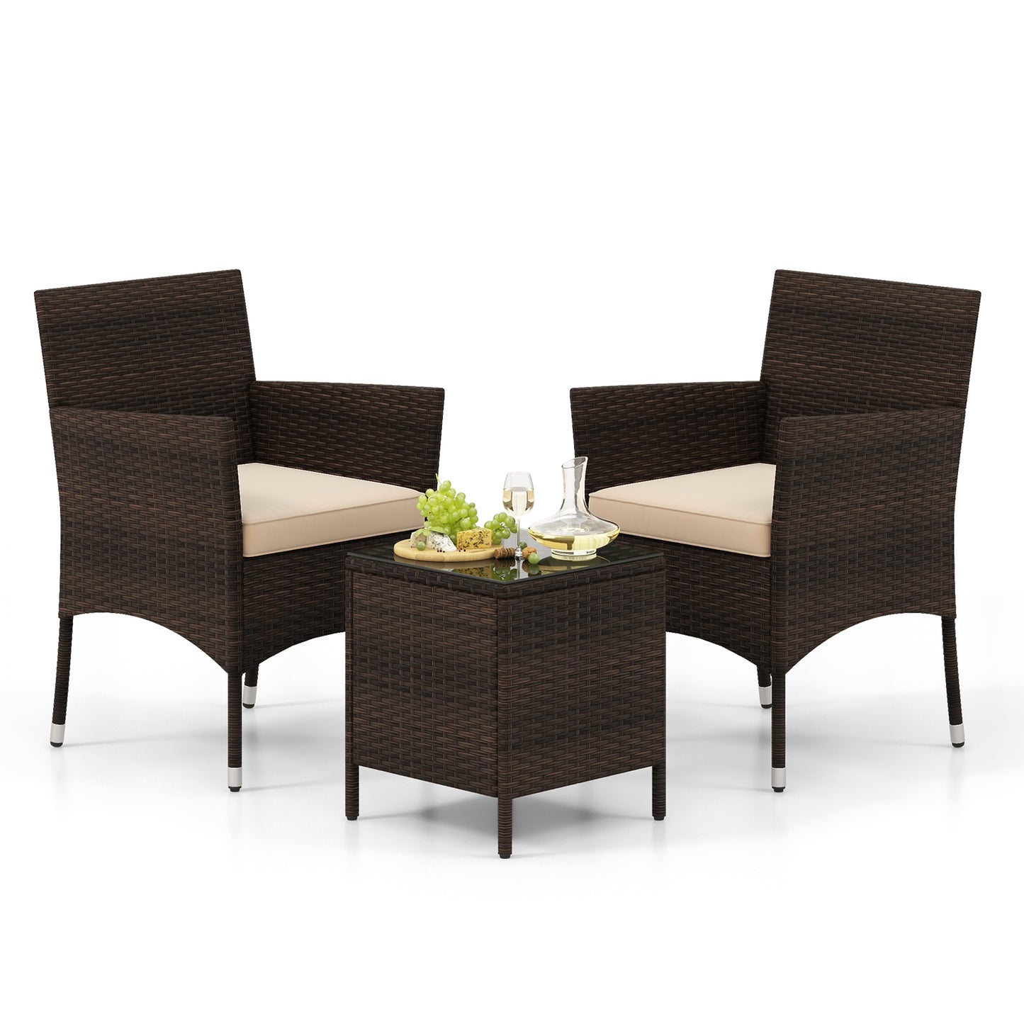 3 Pieces Outdoor Conversation Set with Cushioned Seat and Glass Tabletop, Beige Patio Conversation Sets at Gallery Canada