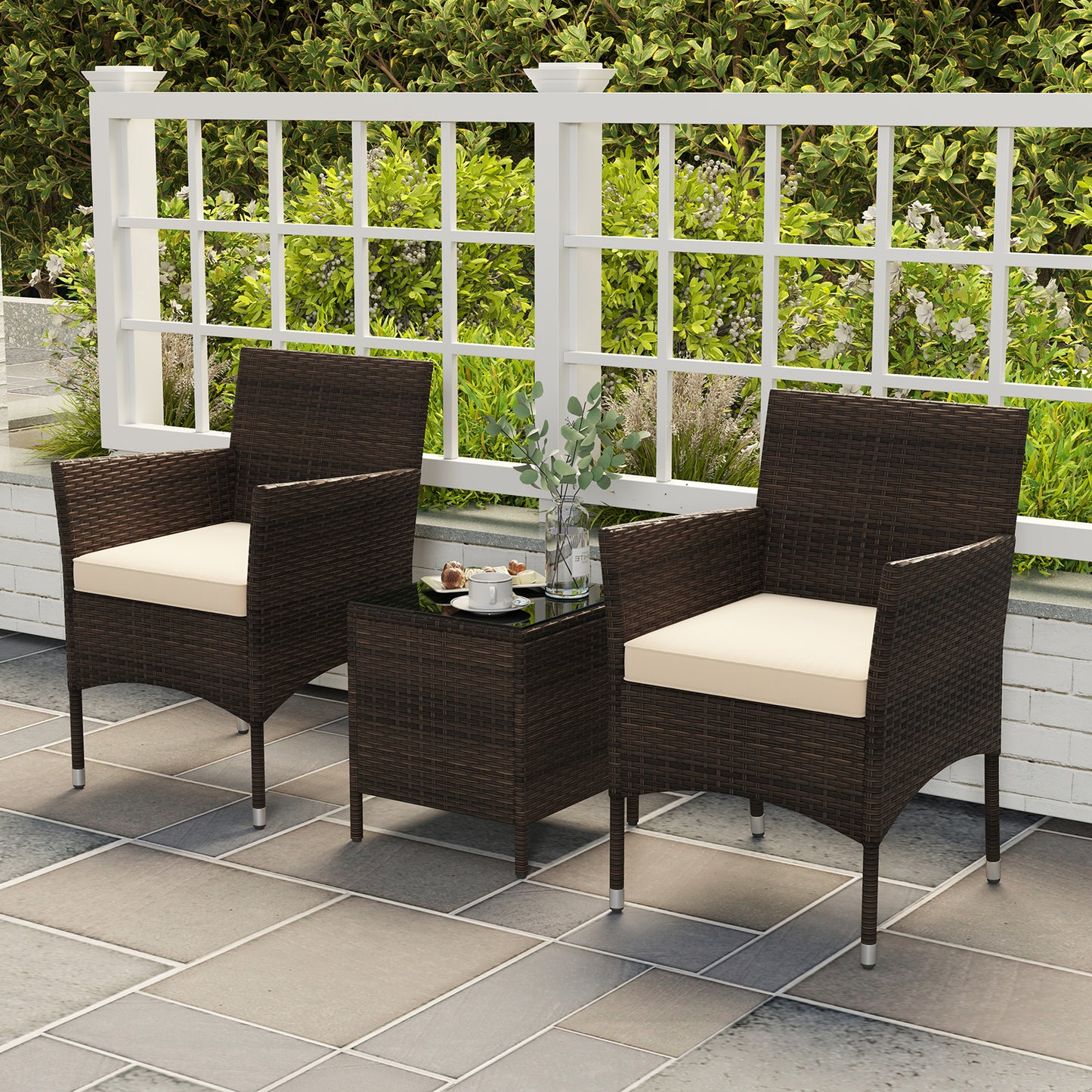 3 Pieces Outdoor Conversation Set with Cushioned Seat and Glass Tabletop, Beige Patio Conversation Sets at Gallery Canada
