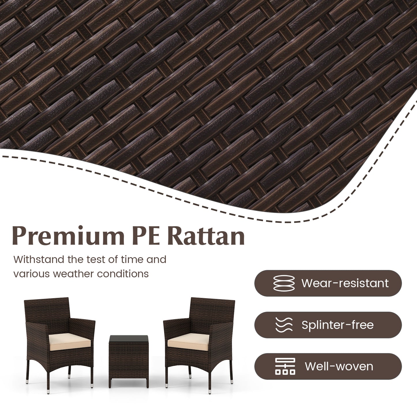 3 Pieces Outdoor Conversation Set with Cushioned Seat and Glass Tabletop, Beige Patio Conversation Sets at Gallery Canada