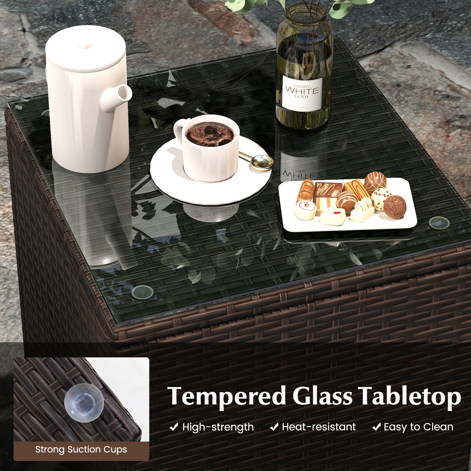 3 Pieces Outdoor Conversation Set with Cushioned Seat and Glass Tabletop, Beige Patio Conversation Sets at Gallery Canada