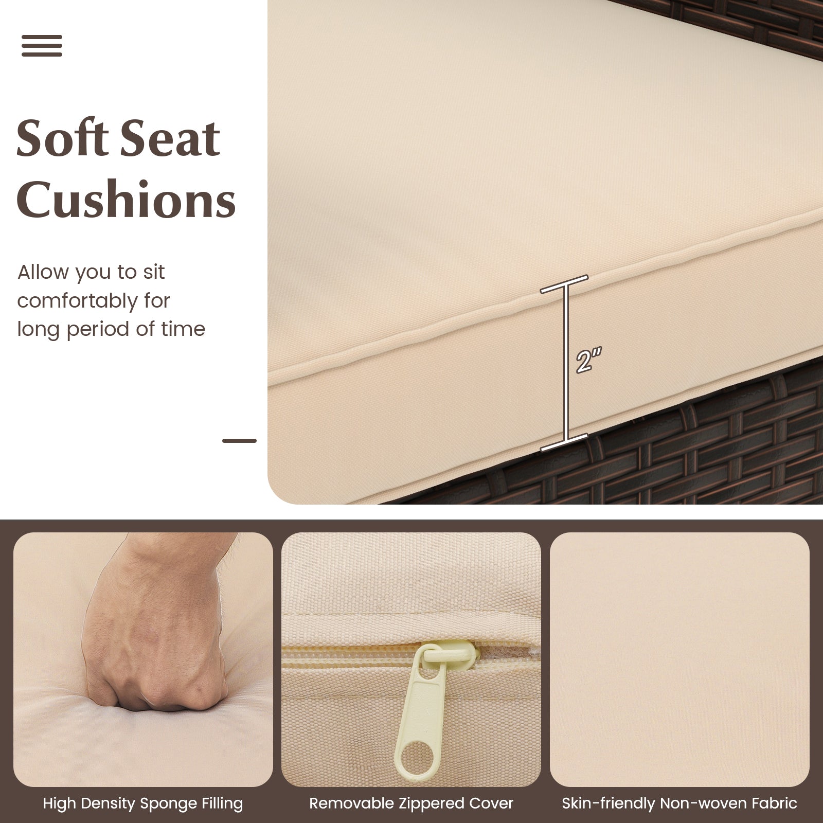 3 Pieces Outdoor Conversation Set with Cushioned Seat and Glass Tabletop, Beige Patio Conversation Sets at Gallery Canada