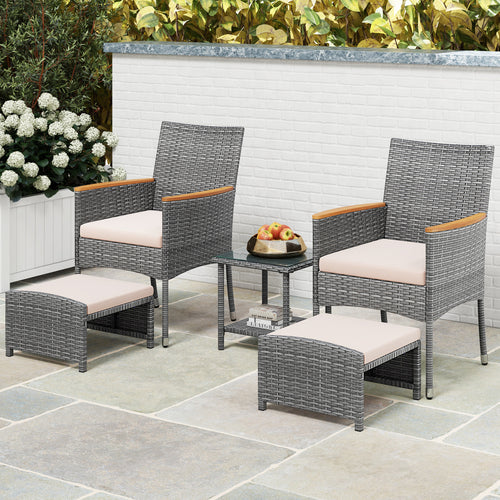 5 Pieces Patio Conversation Set with Soft Cushions and Ottomans, Beige
