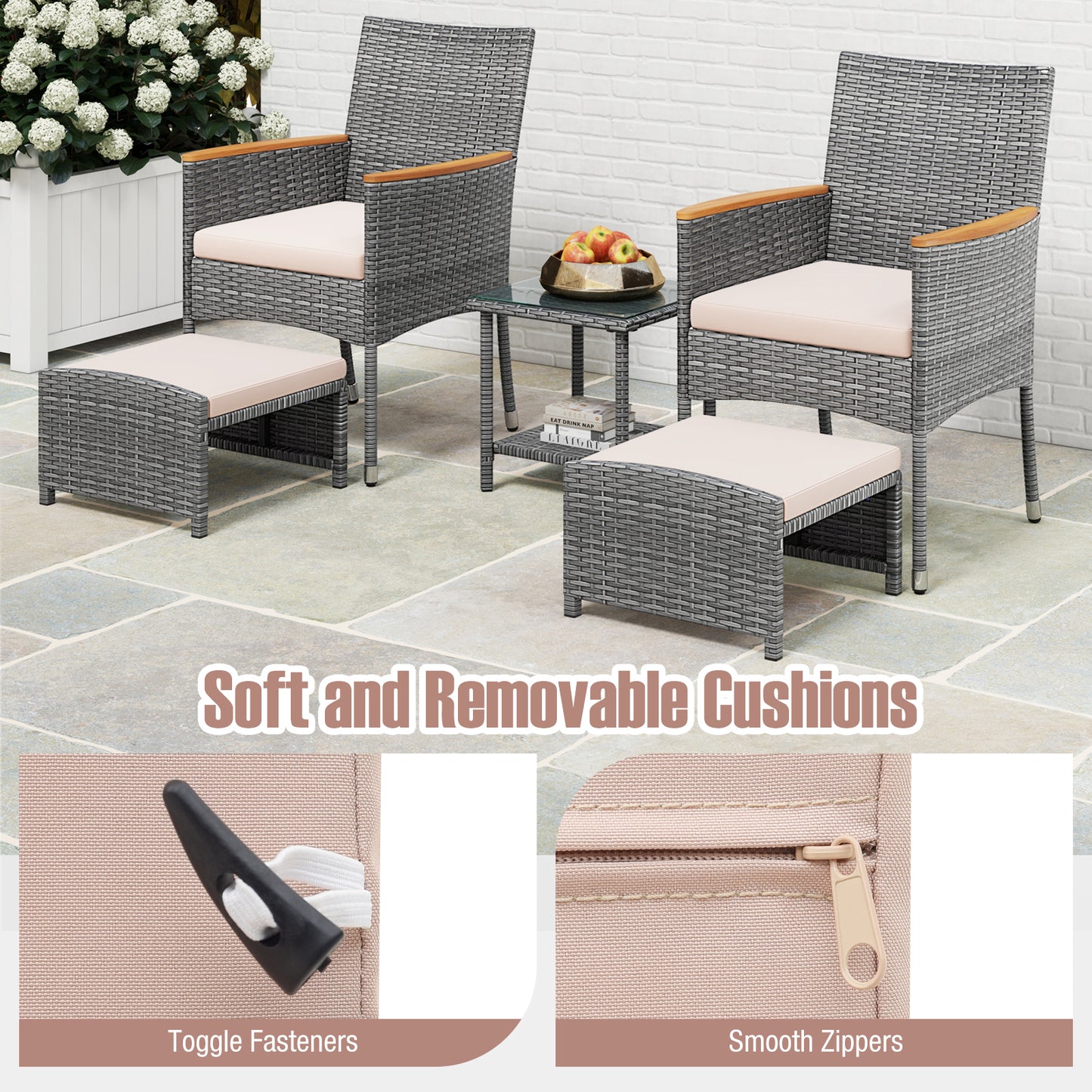 5 Pieces Patio Conversation Set with Soft Cushions and Ottomans, Beige Patio Conversation Sets at Gallery Canada