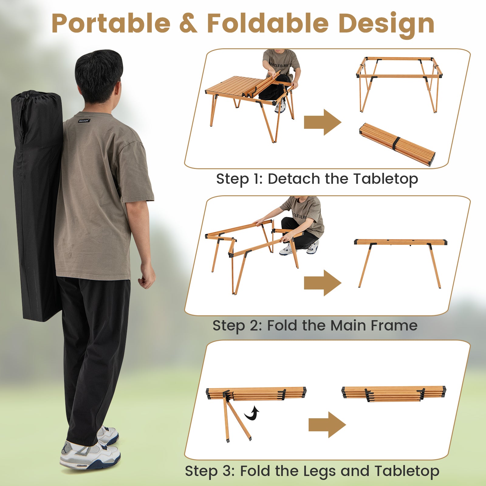 Folding Camping Table Picnic Table with Storage Bag and Waterproof Desktop, Brown Picnic Tables at Gallery Canada