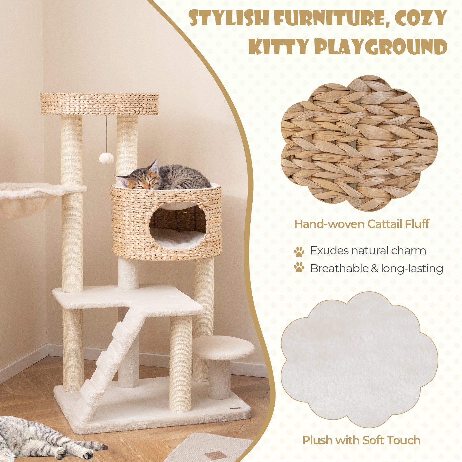 Modern Cat Tree for Indoor Cats with Cattail Fluff Condo and Top Perch, Natural Cat Trees Condos & Scratchers at Gallery Canada