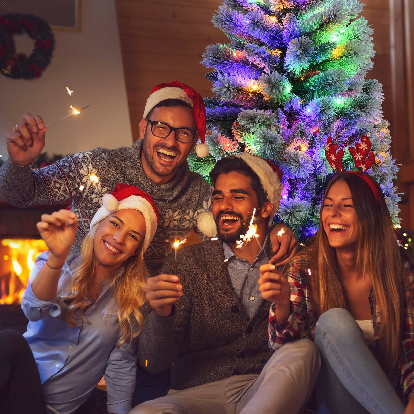 8 Feet Pre-Lit Hinged Snow Flocked Christmas Tree with Remote Control, White Christmas Tree at Gallery Canada
