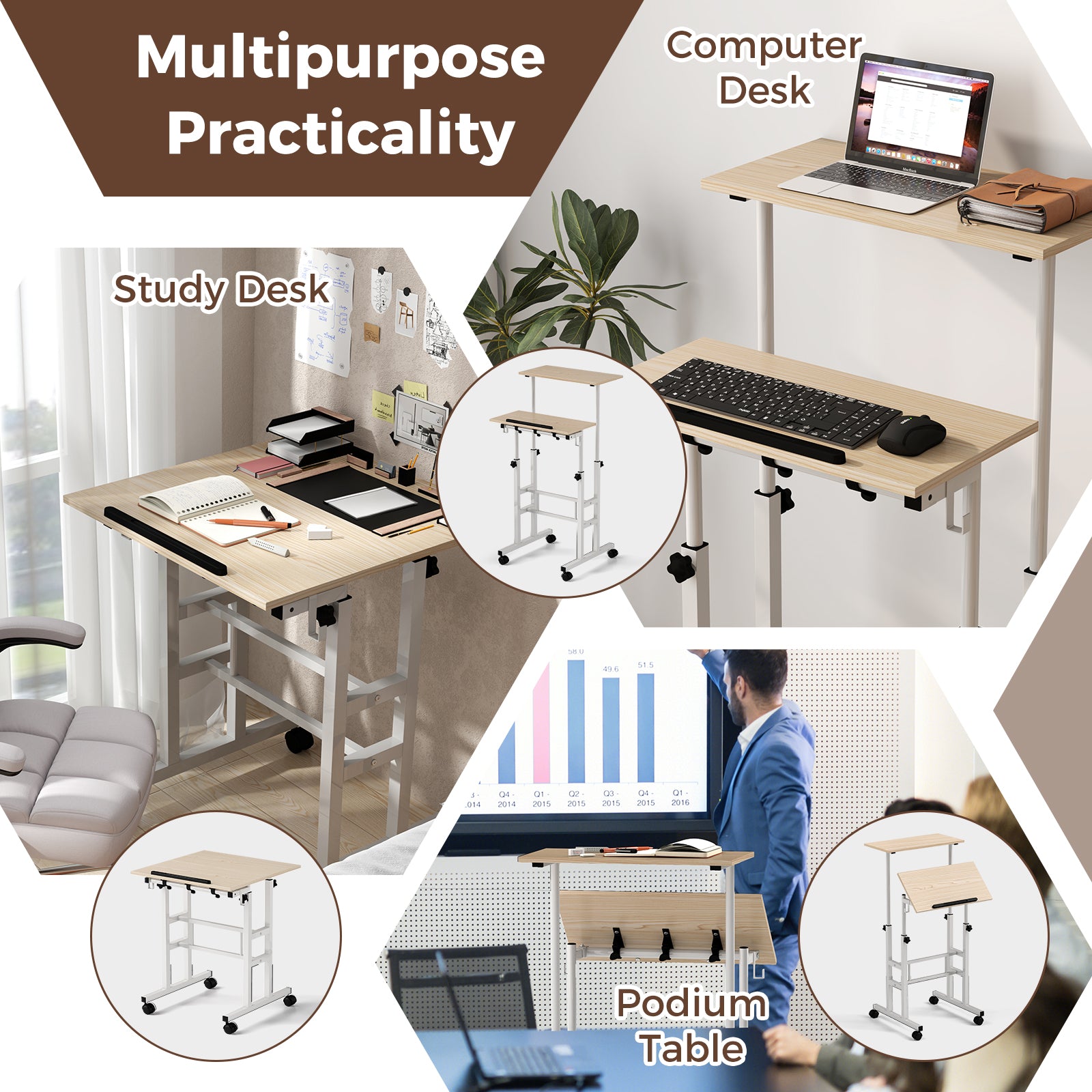 Height Adjustable Mobile Standing Desk, Split Top, Adjustable Angle, Natural Laptop Tables & Printer Stands at Gallery Canada