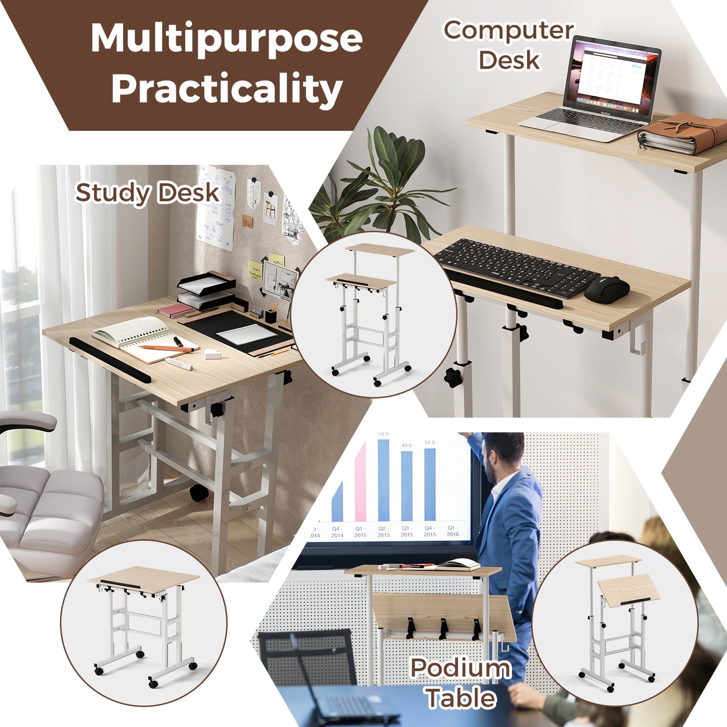 Height Adjustable Mobile Standing Desk, Split Top, Adjustable Angle, Natural Laptop Tables & Printer Stands at Gallery Canada