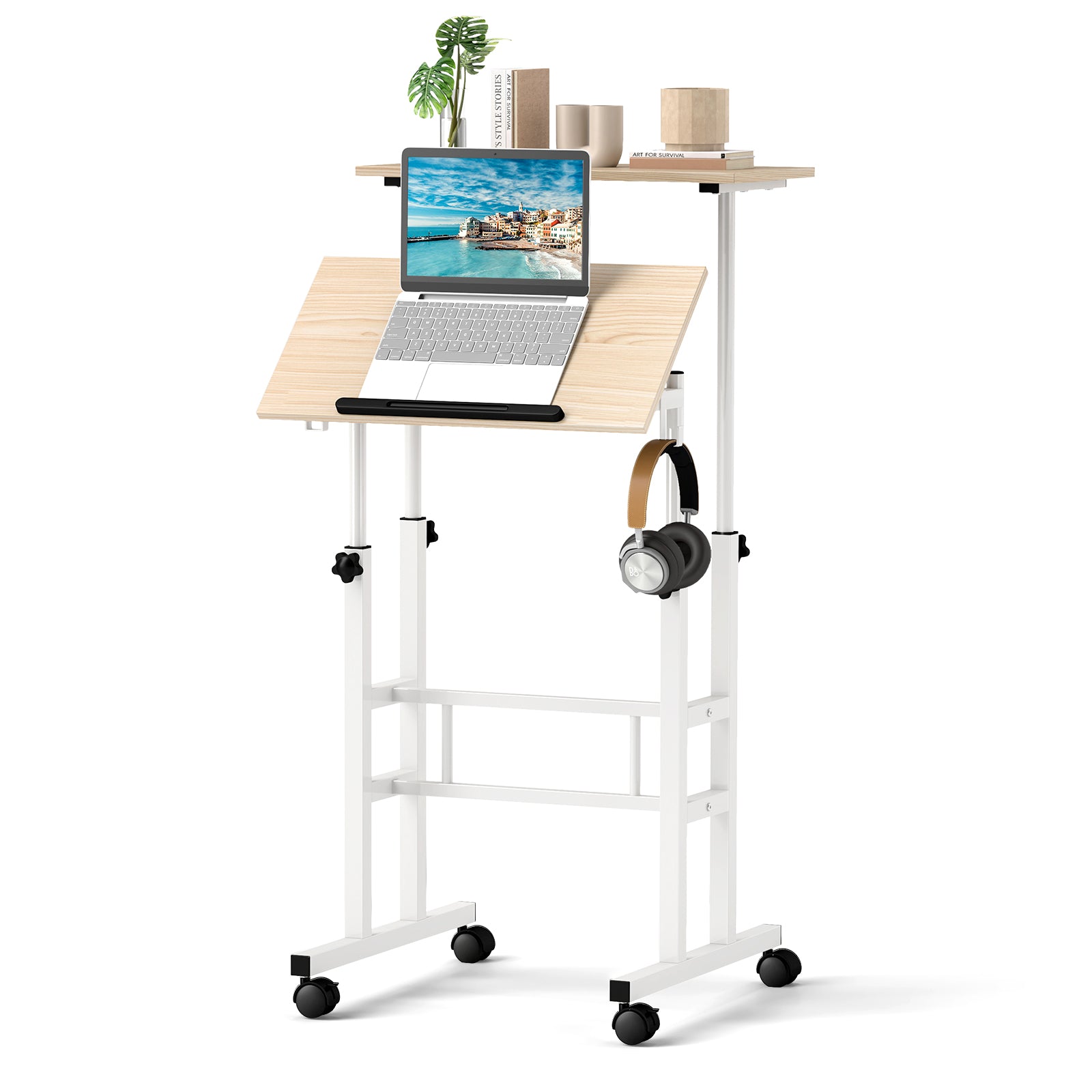 Height Adjustable Mobile Standing Desk, Split Top, Adjustable Angle, Natural Laptop Tables & Printer Stands at Gallery Canada