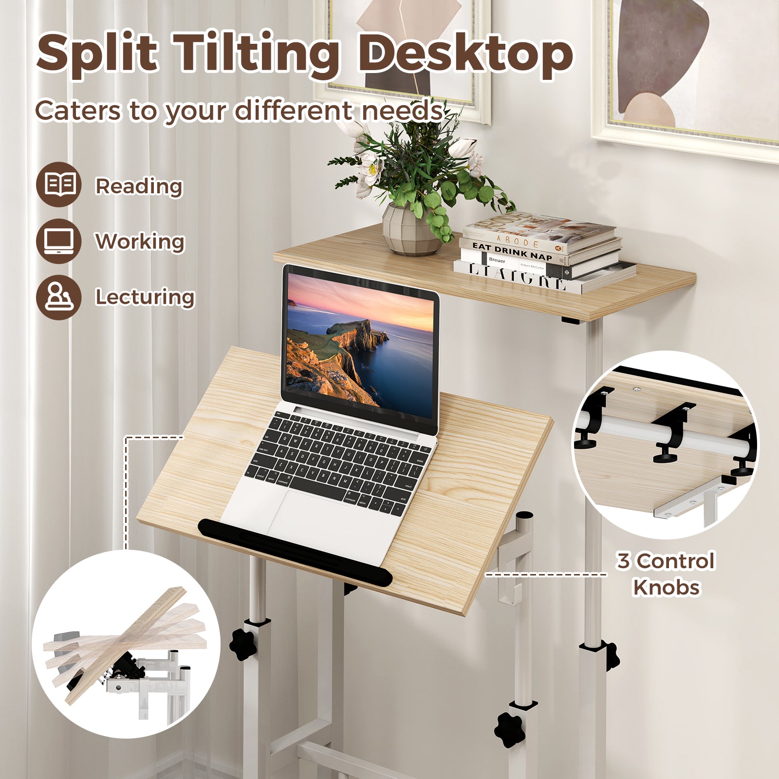 Height Adjustable Mobile Standing Desk, Split Top, Adjustable Angle, Natural Laptop Tables & Printer Stands at Gallery Canada