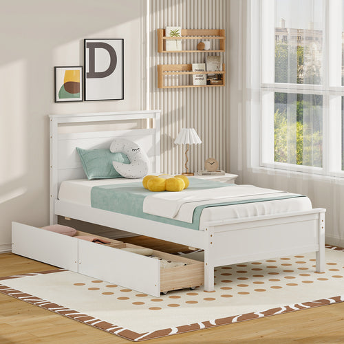 Twin Size Wooden Bed Frame with 2 Drawers for Teens and Adults, White