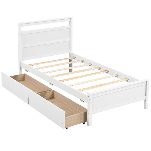 Twin Wooden Bed Frame With 2 Drawers, White
