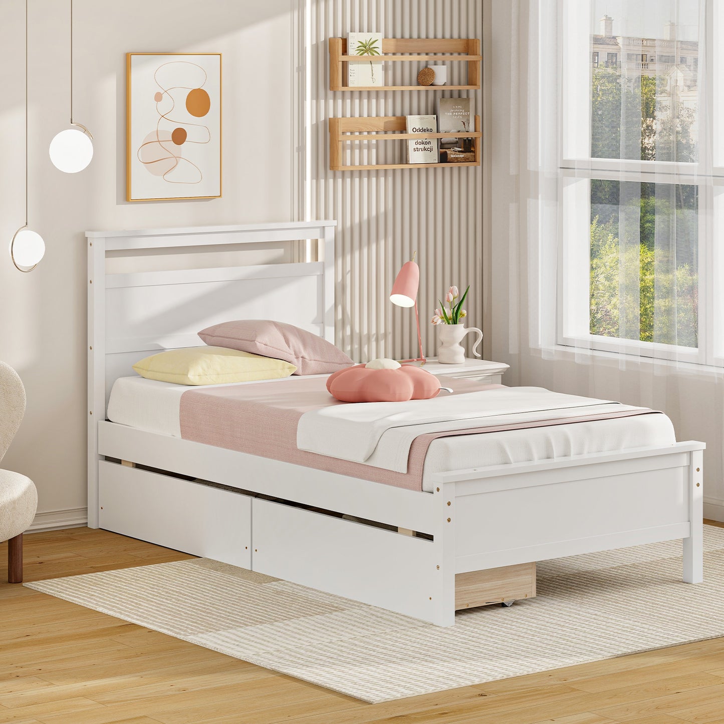 Twin Size Wooden Bed Frame with 2 Drawers for Teens and Adults, White Simple Bed Frame at Gallery Canada
