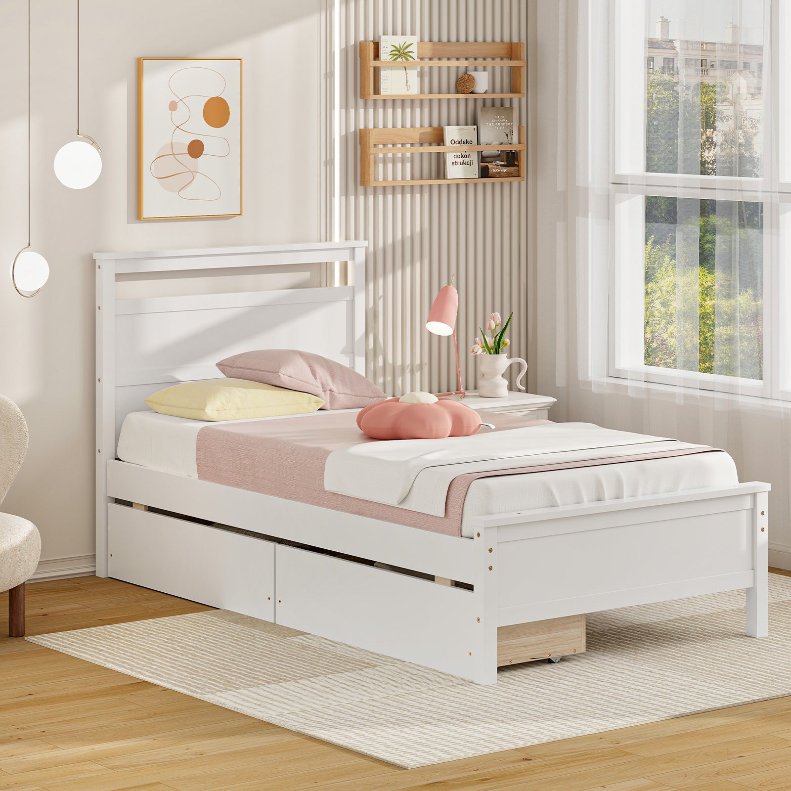 Twin Size Wooden Bed Frame with 2 Drawers for Teens and Adults, White Simple Bed Frame at Gallery Canada