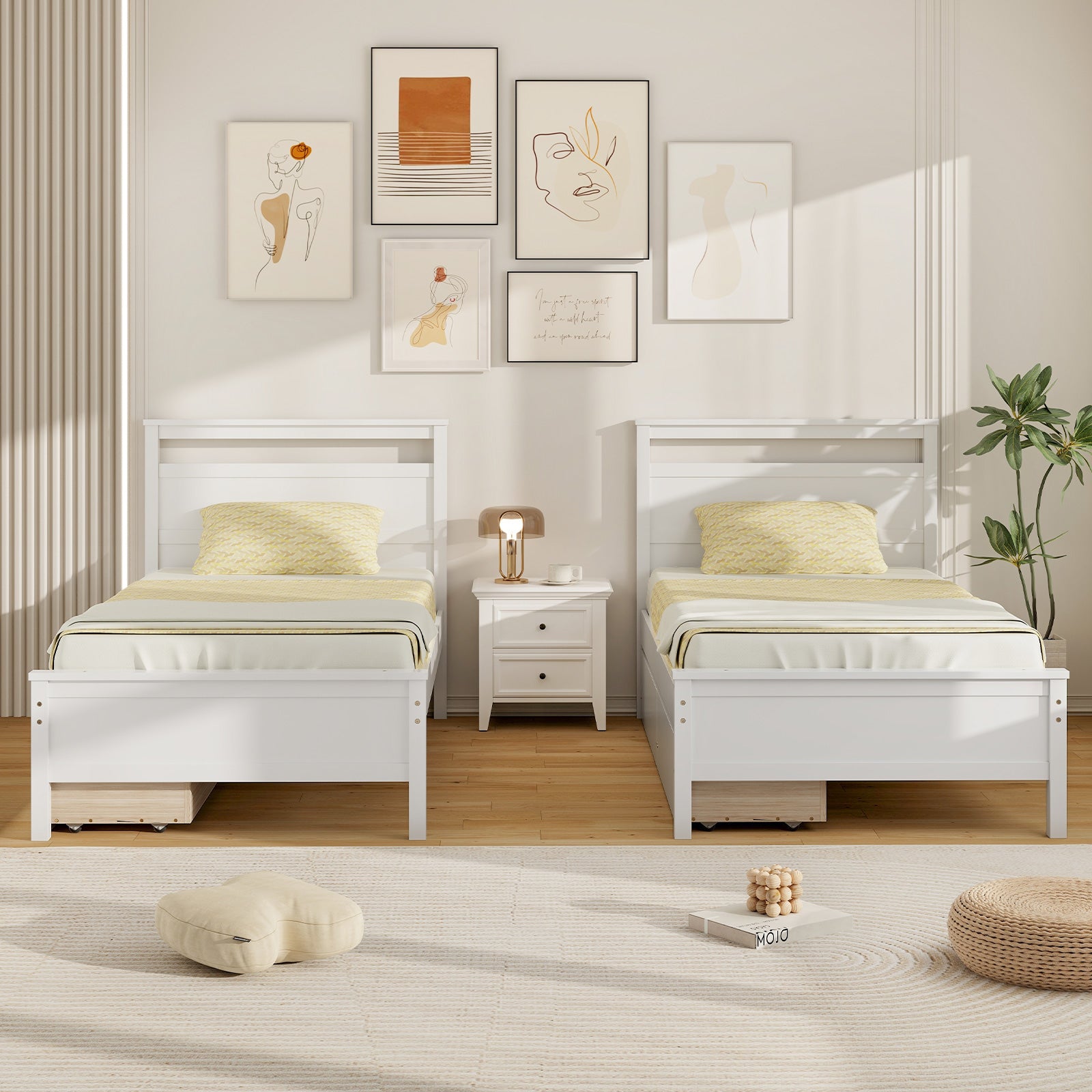 Twin Size Wooden Bed Frame with 2 Drawers for Teens and Adults, White Simple Bed Frame at Gallery Canada