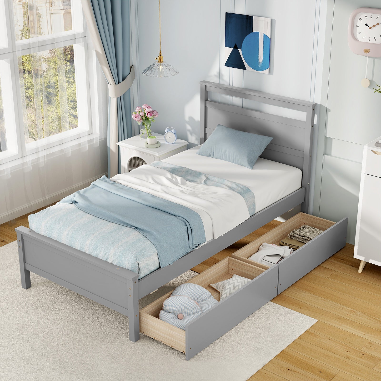 Twin Size Wooden Bed Frame with 2 Drawers for Teens and Adults, Gray Simple Bed Frame at Gallery Canada