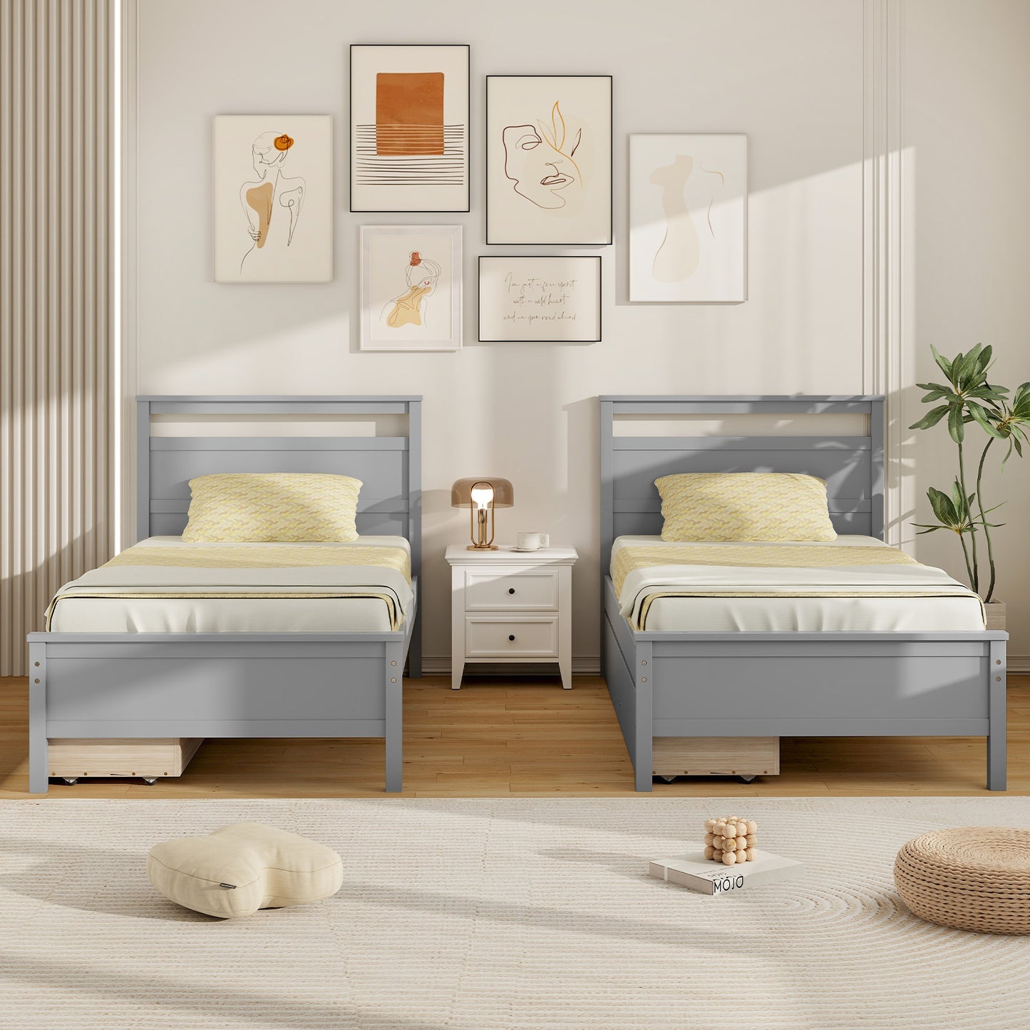 Twin Size Wooden Bed Frame with 2 Drawers for Teens and Adults, Gray Simple Bed Frame at Gallery Canada