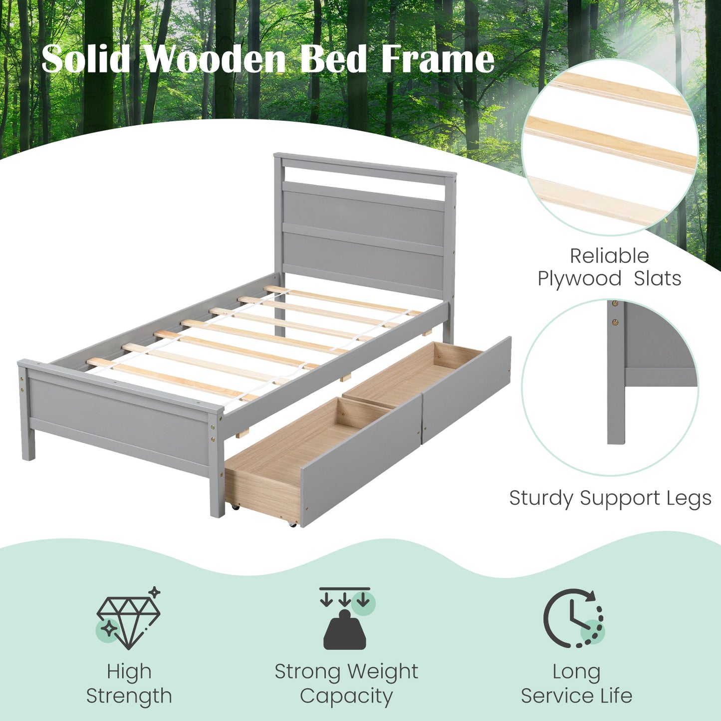 Twin Size Wooden Bed Frame with 2 Drawers for Teens and Adults, Gray Simple Bed Frame at Gallery Canada