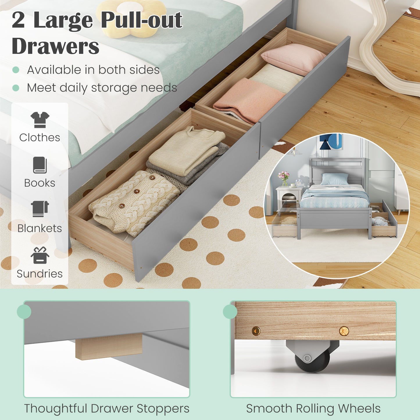Twin Size Wooden Bed Frame with 2 Drawers for Teens and Adults, Gray Simple Bed Frame at Gallery Canada