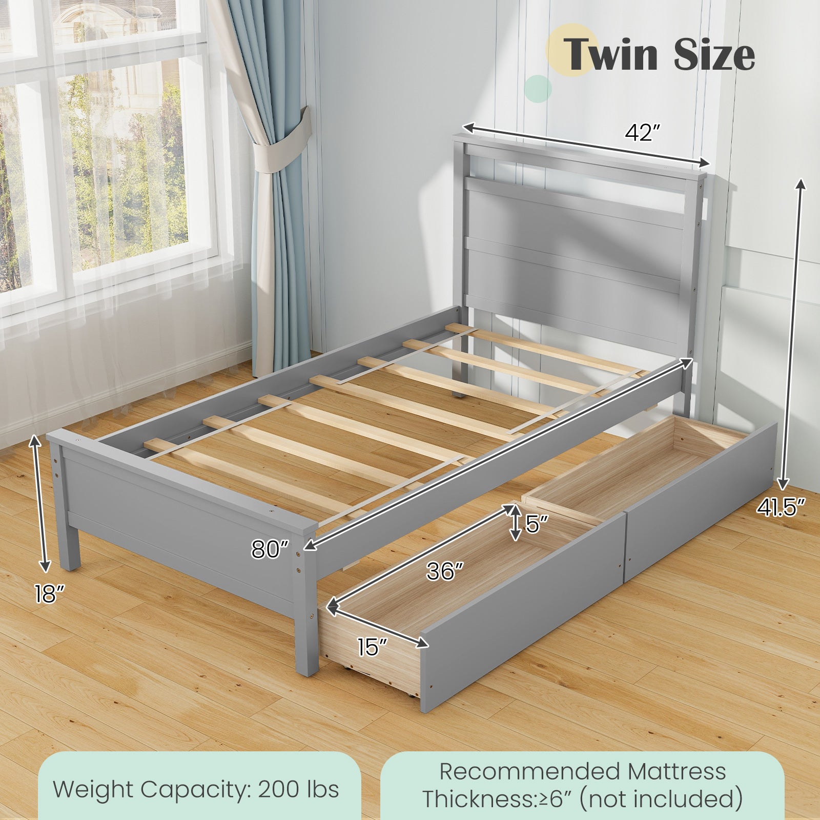 Twin Size Wooden Bed Frame with 2 Drawers for Teens and Adults, Gray Simple Bed Frame at Gallery Canada