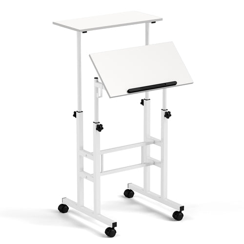 Mobile Standing Desk Height-Adjustable Laptop Cart with Split Top and Hanging Hooks, White