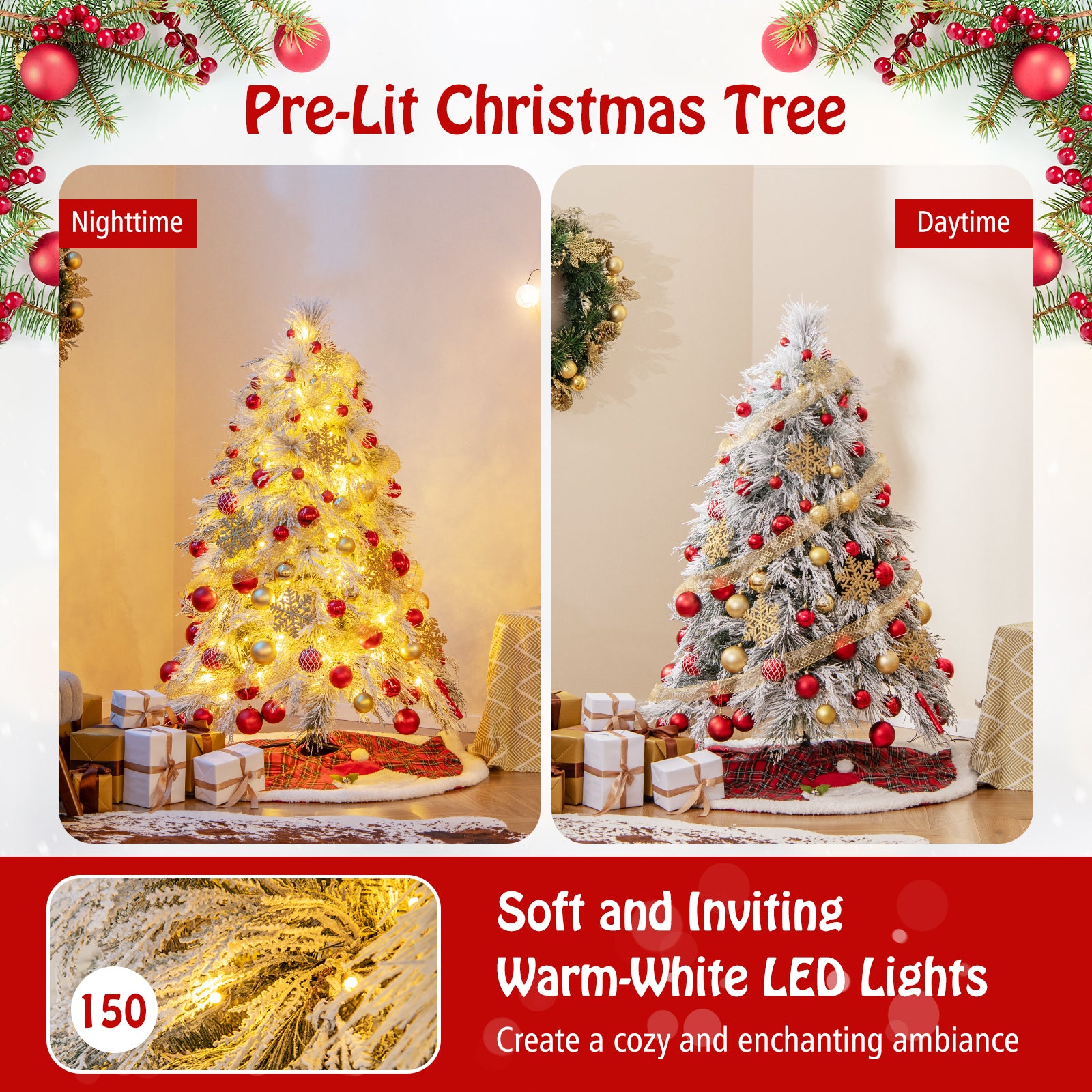 4.5/6/7 Feet Pre-Lit Snow Flocked Christmas Tree with Warm White LED Lights-4.5 ft, White Christmas Tree at Gallery Canada