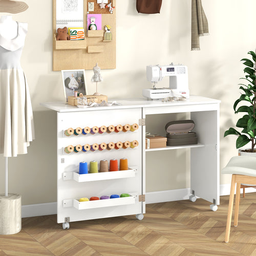 Folding Sewing Table with Storage Shelf and 5 Lockable Wheel, White