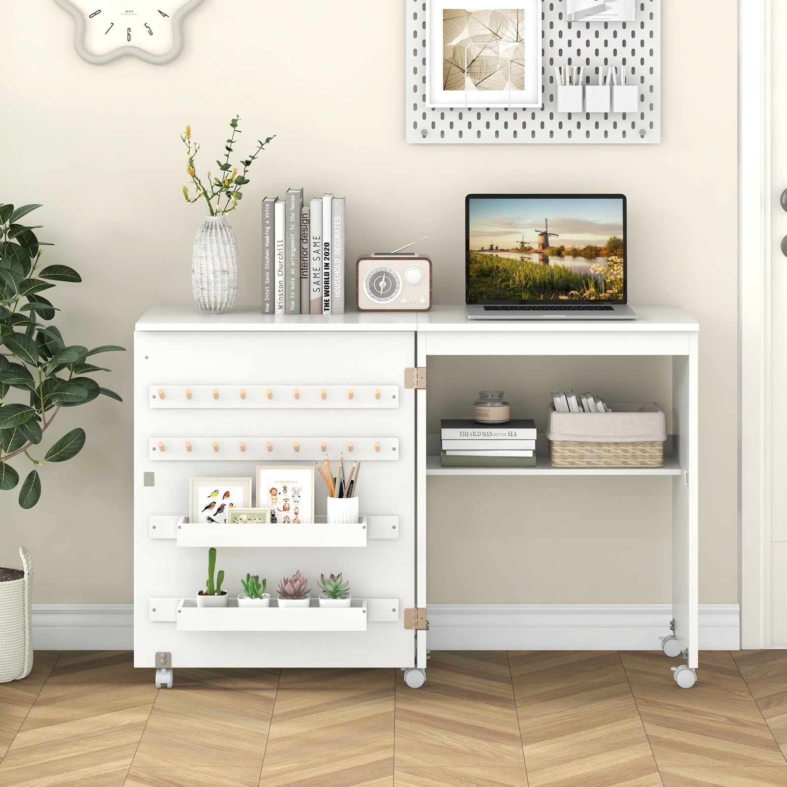 Folding Sewing Table with Storage Shelf and 5 Lockable Wheel, White Sewing Tables at Gallery Canada