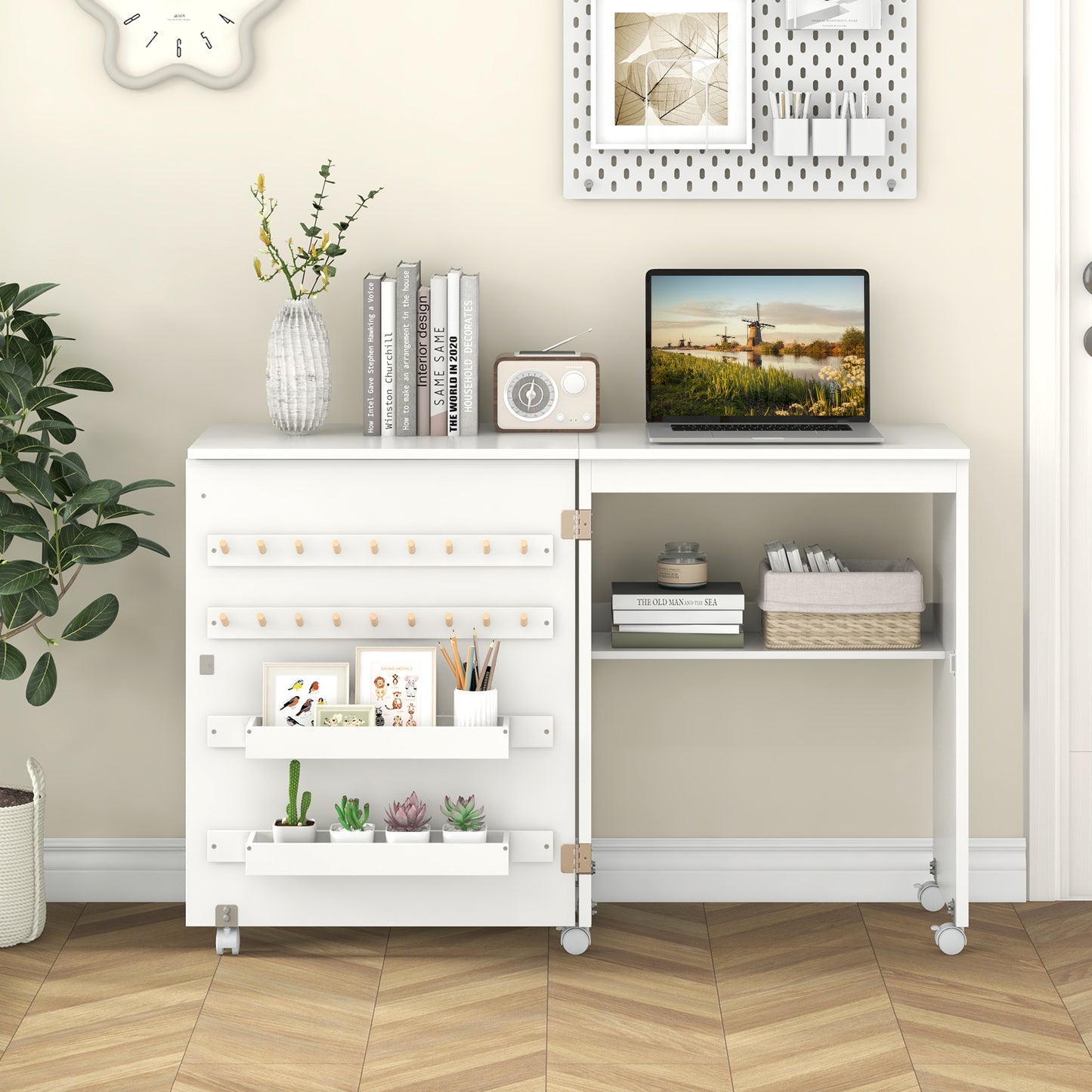 Folding Sewing Table with Storage Shelf and 5 Lockable Wheel, White Sewing Tables at Gallery Canada