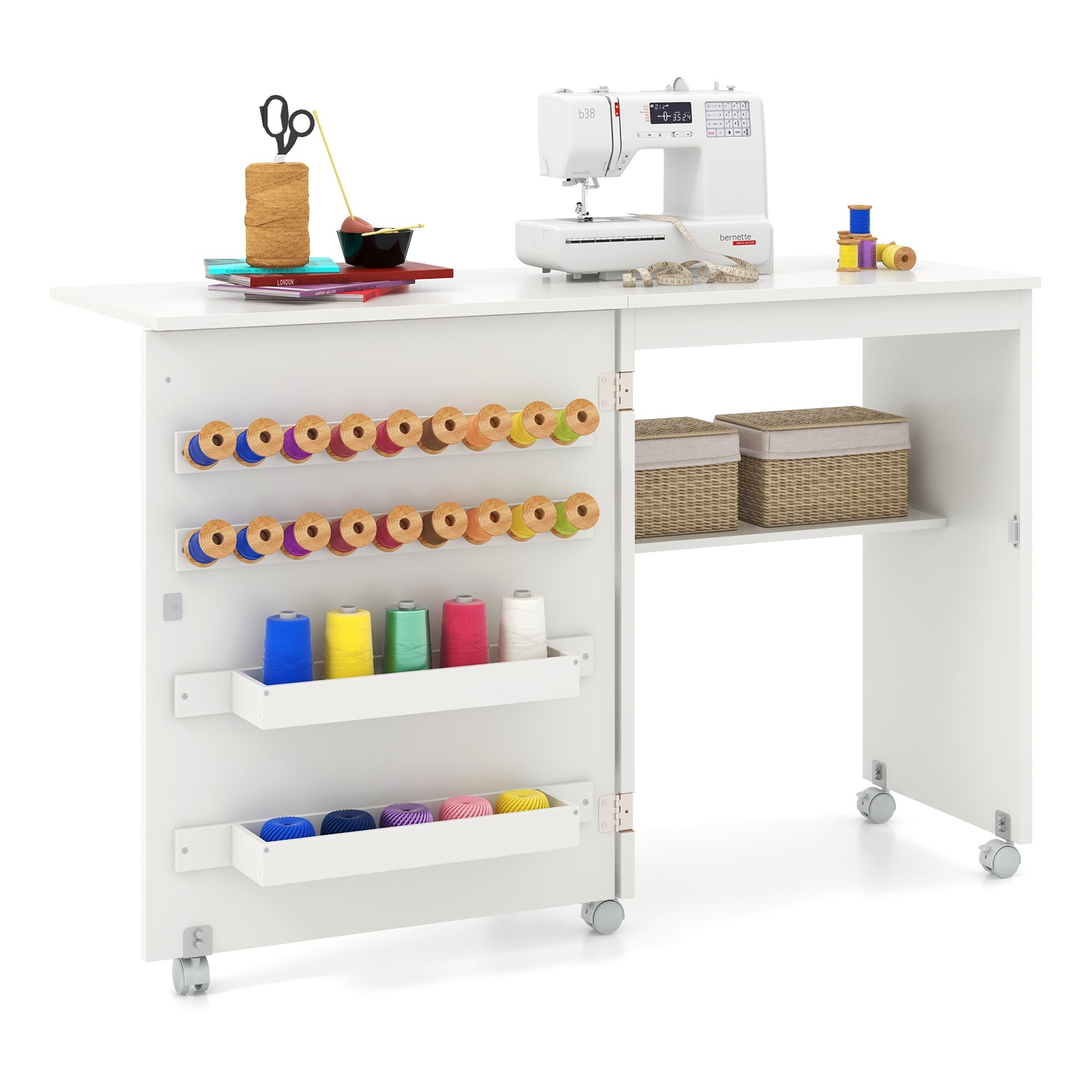 Folding Sewing Table with Storage Shelf and 5 Lockable Wheel, White Sewing Tables at Gallery Canada