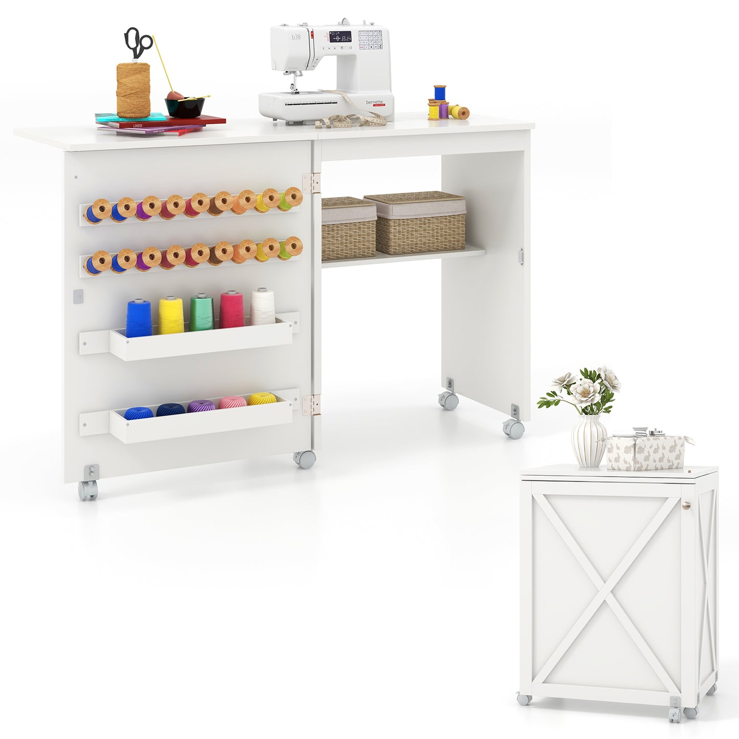 Folding Sewing Table with Storage Shelf and 5 Lockable Wheel, White Sewing Tables at Gallery Canada