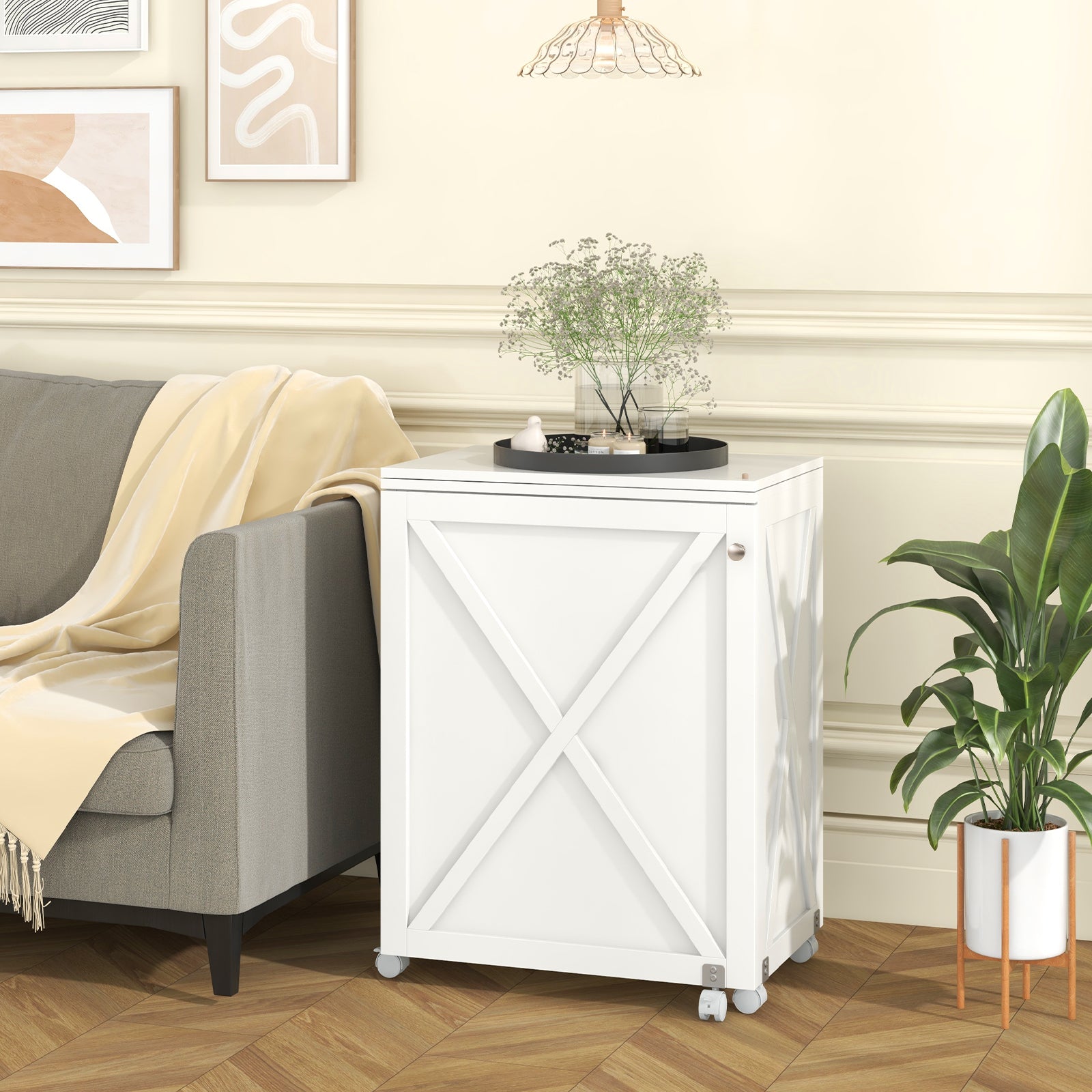 Folding Sewing Table with Storage Shelf and 5 Lockable Wheel, White Sewing Tables at Gallery Canada